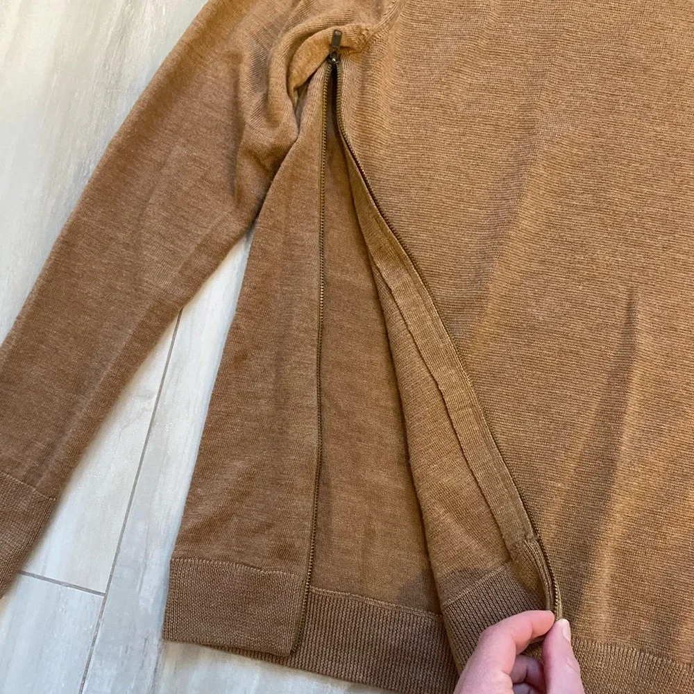 J. Crew Camel Brown Merino Wool Zipper Long Sleeve Crew Neck Sweater, small